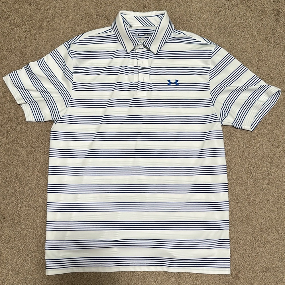 Under Armour Blue & White Striped Golf Polo Size M
